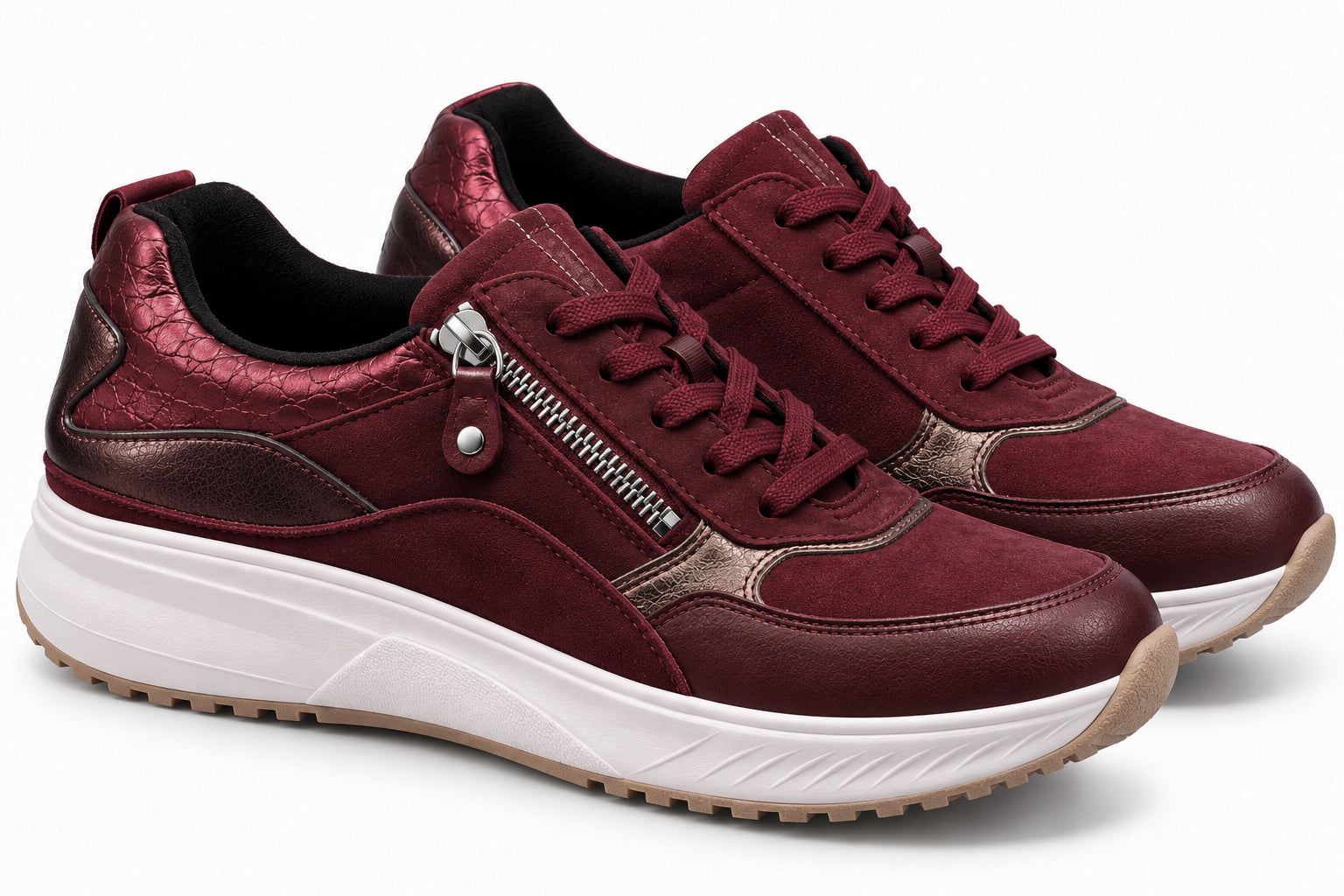Tênis feminino 'H-Mara' de corte largo (H) com zíper e renda - vermelho