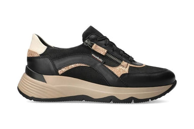 'Laonie' damessneaker met brede pasvorm (H) ergonomische veters - ritssluiting - Zwart - Chaplinshoes'Laonie' damessneaker met brede pasvorm (H) ergonomische veters - ritssluiting - ZwartMephisto