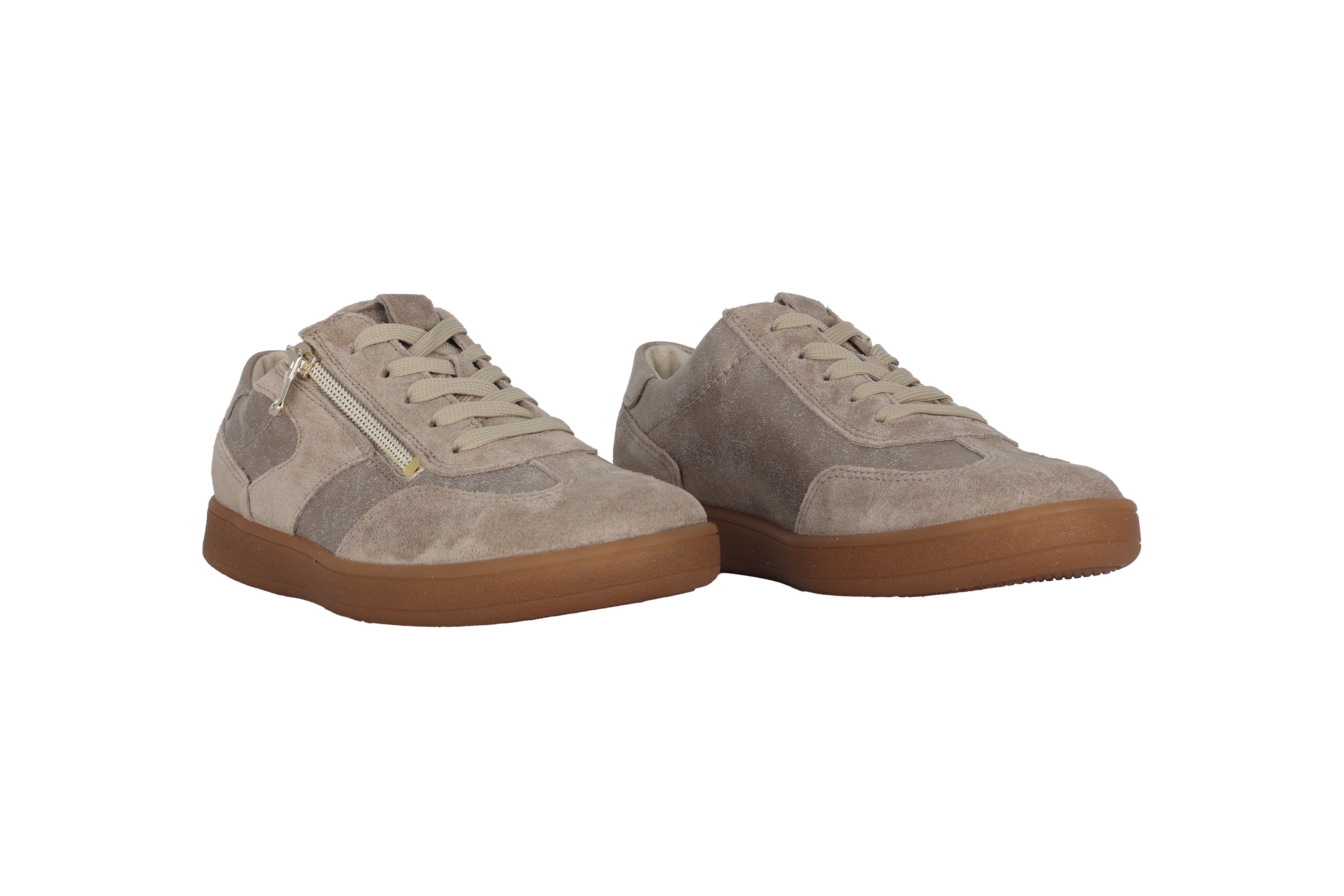 'H-Daisy' damessneaker met brede pasvorm (H) en veters met rits - taupe/beige